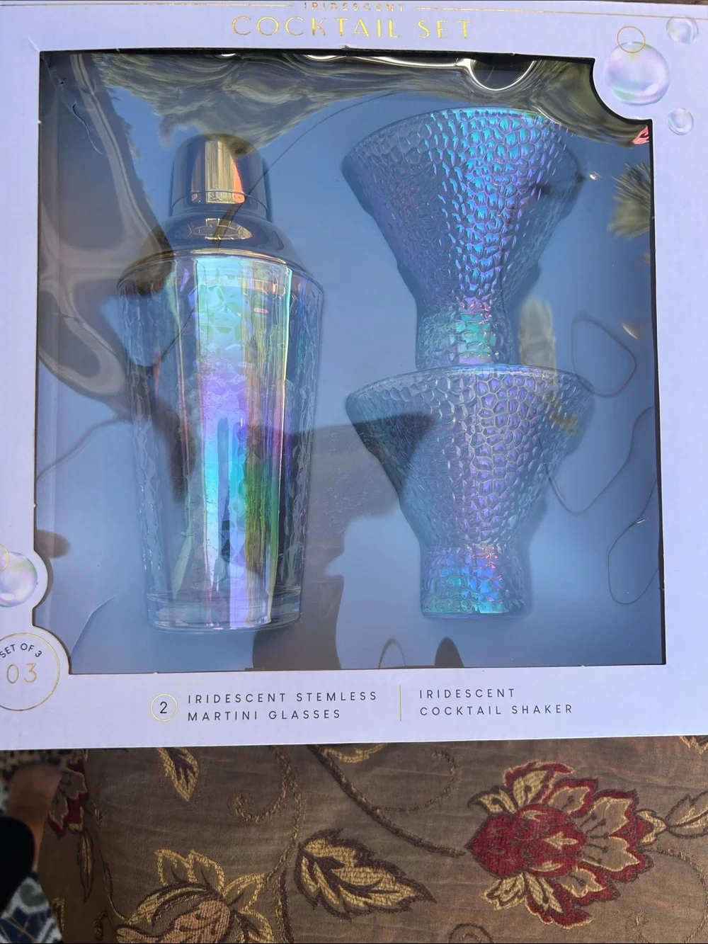 Iridescent Cocktail Shaker & Stemless Martini Glasses Set